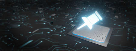 pushpin icon on a processor digital technology concept.