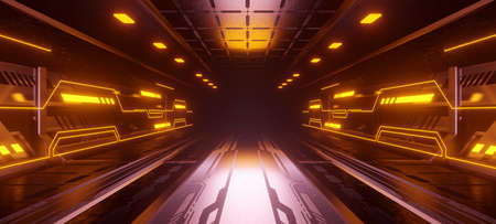 Spaceship Neon Cyber Glowing Orange Lights Sci Fi Futuristic Garage Dark Tunnel Warehouse...