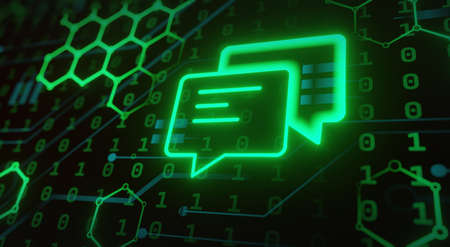 Abstract Chat Messages icon from lines and triangles, point connecting network on blue background.の写真素材