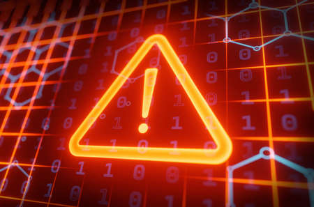 Hacking Concept. Attention warning attacker alert sign with exclamation mark on dark red background.Security protectionの写真素材