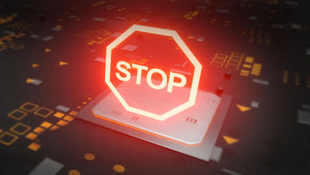 Stop button on red hot motherboardの写真素材