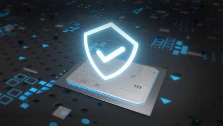 Check mark symbol in digital processor circuit background, Technology abstract background