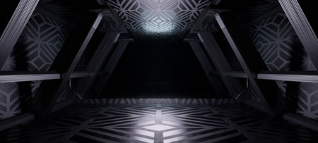 Sci Fi Retro Modern Glowing Laser Electric Alien Spaceship Tunnel Garage Corridor Hangar Purple Blue Concrete Glossy background 3D Renderingの写真素材