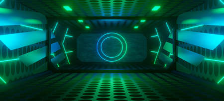 Sci-Fi grunge metallic corridor background with circle neon green light, 3d rendering.