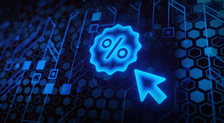 Percent sign, symbol of discount, sale promotion, from futuristic polygonal blue lines and glowing