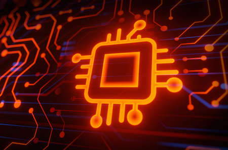 Microchip CPU Processor in Red Glowing Motherboardの写真素材