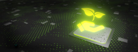ESG Concept. Nature Meet Technology. Green Leaf hologram in circuit 3D Renderingの写真素材