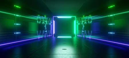 Modern Pedestal Platform Tunnel Space Reflective Dim Lighting with Medium Aqua Marine Colors SciFi Concept Used As Wallpaper 3D Illustrationの写真素材