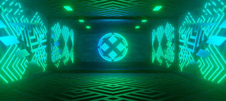 Experimental Metallic Cement Digital Technology Background Cyberpunk Lighting with Dark Turquoise Colors Alien Futuristic Concept Used For Clubs 3D Illustrationの写真素材