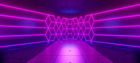 Galactic Alien Hangar Tunnel Futuristic Hallway Cyberpunk Phantom Neon with Fuchsia Colors With Space For Products 3D Renderの写真素材