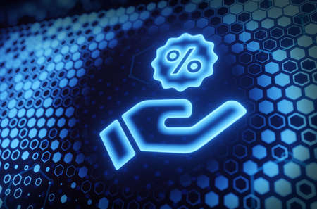 Sale or discount interest rate percent icon on blue background. Interest rate financial and mortgage rates concept.Banner with copy spaceの写真素材