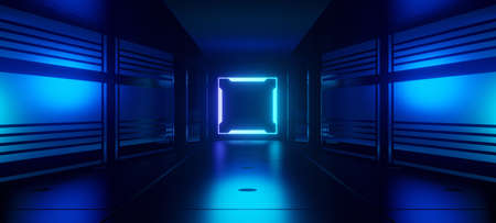 Surreal Technology Futuristic Platform Space Club Neon Neon Lights with Deep Sky Blue Colors Space Age Concept 3D Renderingの写真素材