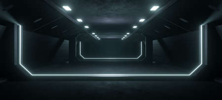 Experimental Podium Industrial Room Scene Club Neon Neon Lights with Light Steel Blue Colors With Space For Products Used As Background 3D Renderingの写真素材