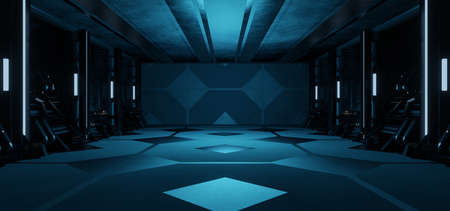 Futuristic Cyberspace Background Interior Metal Mesh Corridor Space Age Dark Blue Colors Abstract Background Wallpaper Experimental Lab Used As Background 3D Renderingの写真素材