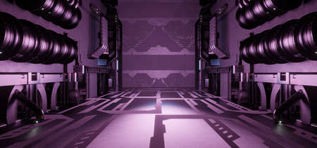 Futuristic Empty Hallway Corridor Room Garage Studio Dance Glowing Innovative Dim Purple Colors...