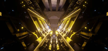 Cyberpunk Industrial Empty Hallway Corridor Room Garage Studio Dance Glowing Revolutionary Yellow...