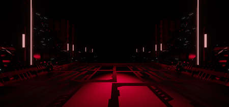 Empty scene background. Dark background of empty room, neon red light futuristic 3D Rendering