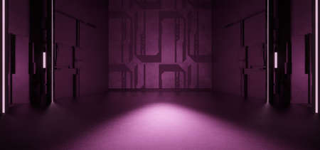 Alien SciFi Corridor Hangar Basement Underground Hallway Advanced Dark Grey Colors Background Experimental Lab 3D Illustrationの写真素材