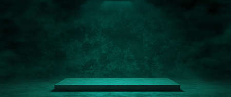 Sophisticated Platform Podium Pedestal Studio Room Subtle Dim Turquoise Colors Product Background With Smoky Atmosphere For Presentation 3D Illustrationの写真素材