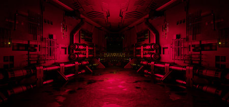 Cyberpunk Industrial Technology Hall Or Corridor Dark Colors Futuristic Background Used For Revealsの写真素材