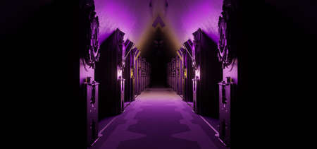 Purple illuminated corridor, tunnel, empty space, ultraviolet light, 80's retro style, fashion show stage, abstract background 3D Renderingの写真素材