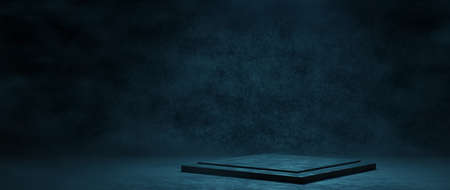 Elegant And Luxurious Platform Stage Gloomy Dark Neon Blue Turquoise Colors Product Background With Smoky Atmosphere 3D Illustrationの写真素材