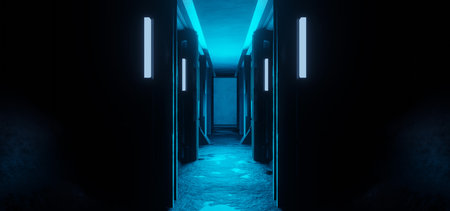 Abstract Futuristic Club Futuristic Hallway Spaceship Interior Club Neon Light Blue Colors Industrial Lab 3D Illustrationの写真素材