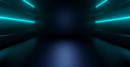 Surreal Technology Grunge Parking Showroom Car Garage Corridor Lights Empty Dark Room With Neon...