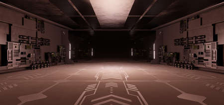 Computerized Inter Galactic Podium Industrial Room Scene Awesome Dark Grey Colors Modern Background Used As Background 3D Renderingの写真素材