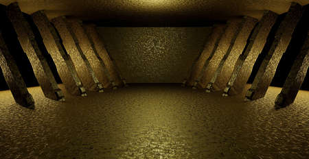 Metallic Or Concrete Cyberpunk Metallic Structure Walls And Floor Spotlight Yellow Brown Abstract Background With Space For Text For Product Backgrounds Presentation 3D Renderingの写真素材