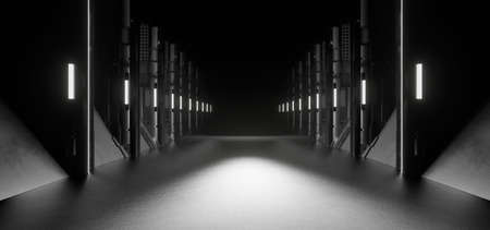 Blank Futuristic Cyber Virtual Reality Futuristic Industrial Room Solid Concrete Metallic Silver...