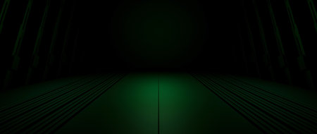 Sci Fi Green Empty Neon Glowing Cyber Green Lights Behind Glass Panels In Dark Grunge Cement Concrete Underground Tunnel Corridor Studio Hangar 3D Renderingの写真素材