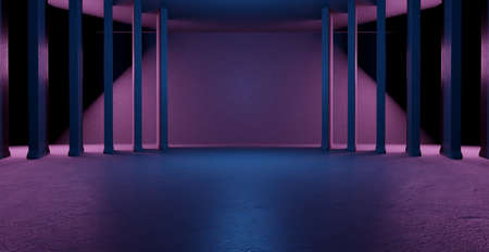Concrete Blocks Sci Fi Futuristic Fashion Stage Podium Tunnel Corridor Neon Glowing Laser Beams Purple Blue Cyber Grunge Reflections Empty 3D Renderingの写真素材
