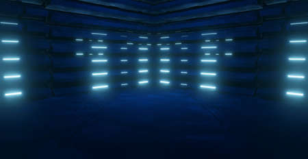 Abstract blue room interior with neon lights 3D Illustration