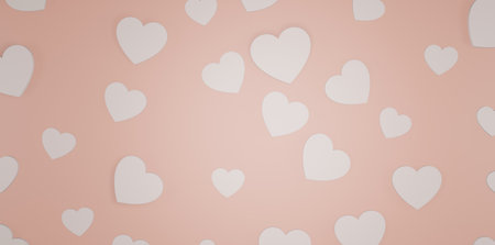 Paper pink pastel hearts on soft pink color background, border, copy space.3d render
