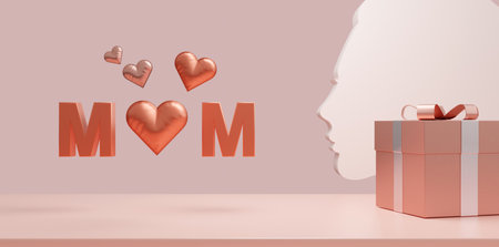 Mother's Day Poster or banner with sweet hearts,flower and pink gift box on pink background. 3d...