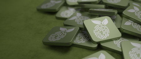 Green human finger print with leaf icon in banner tiles. Fingerprint concept nature connection 3D...