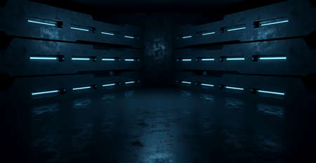 Empty Elegant Modern Cyber Warehouse Futuristic Interior Dark Blue Turquoise Banner Background Space...