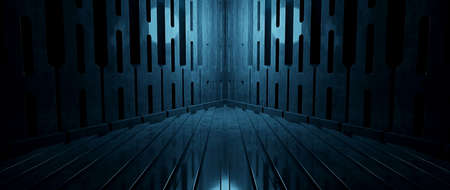 Futuristic Science Fiction Cyber Hall Studio Cyber Future Stage Corridor Lighted Blue Turquoise Banner Background With Space For Products 3D Renderingの写真素材