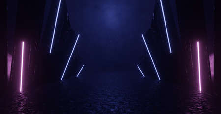 Imaginative Modern Tunnel Corridor Garage Showroom Underground Hall Interesting Smoke Volumetrics Purple Club Banner Background 3D Renderの写真素材