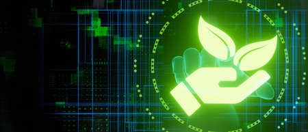 Ecology and Technology Concept Glowing Lights with Hand Pressing 3D Render