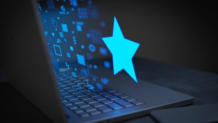 Star review online hologram style on laptop 3D Renderの写真素材