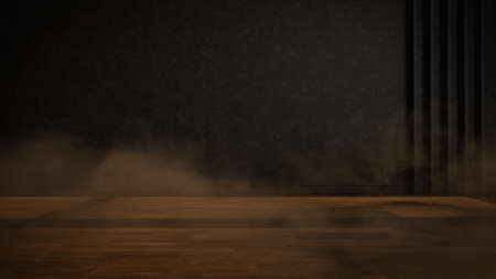 Empty brown wooden floor dark wall room grungy with smoke and particles 3d Renderの写真素材