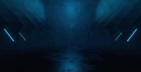 Sci Fi Futuristic Garage Blue Neon Laser Retro Showroom Gallery Concrete Asphalt Hangar Tunnel...