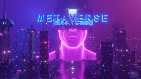 Metaverse VR Virtual Reality Neon Meta Skyscraper Cyber Punk City Concept Background 3dの写真素材