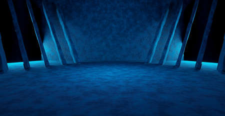 Abstract Scifi Grungy Concrete Cement Showroom Spotlight Deep Blue Banner Background Wallpaper 3D Renderingの写真素材