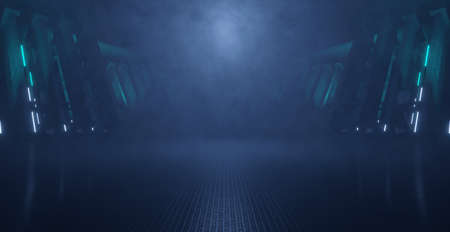 Abstract Volumetric Effect Dark Concrete Led White Lights Underground Tunnel Corridor Cement Asphalt Hallway Warehouse Tunnel Corridor Metal Structure Dark Light Blue Turquoise Abstract Background 3D Illustrationの写真素材