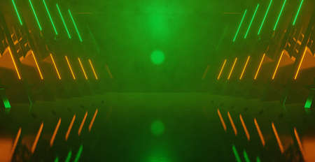 Huge Virtual Showroom Club Hallway With Light And Smoke Green Banner Background Wallpaper 3D Renderingの写真素材