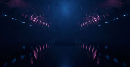 Fantasy Cement Concrete Sci Fi Futuristic Cyber Neon Electric Laser Lights Tunnel Corridor Hallway Dark Spaceship Underground Dark Smoke Purple Geometric Background Wallpaper 3D Renderの写真素材
