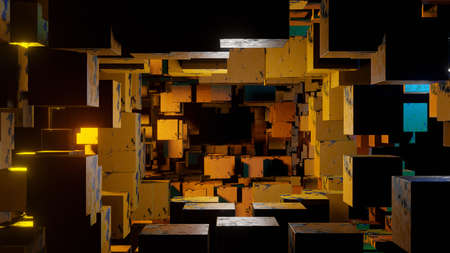 Black yellow rusted metallic grunge texture with square cubes mosaic background panorama bannerの写真素材